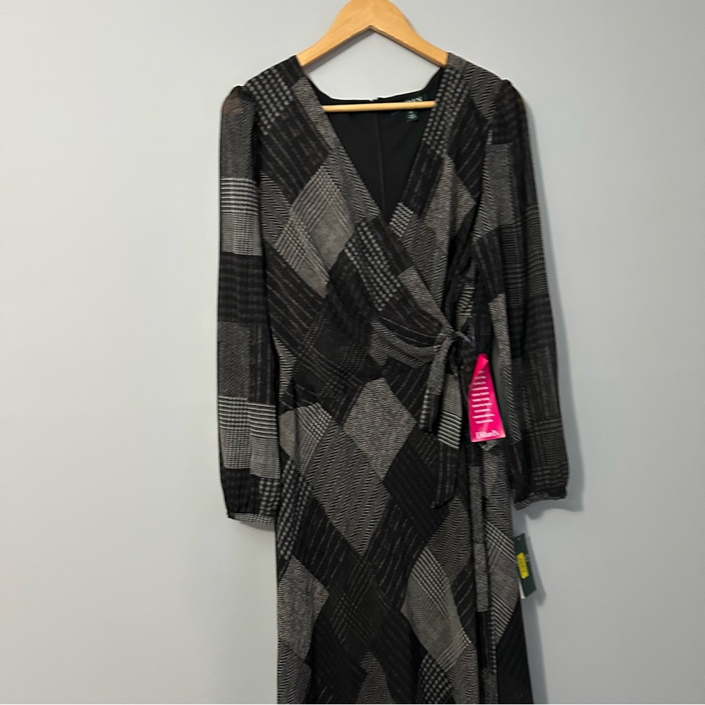 Lauren Ralph Lauren Plaid Wrap Midi Dress Size 12 Dark Academia Chic Patchwork - Picture 5 of 15